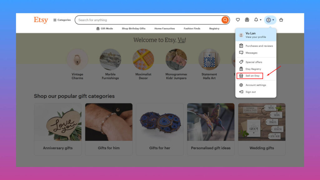 How to sell shirts on Etsy: Click Sell on Etsy to start