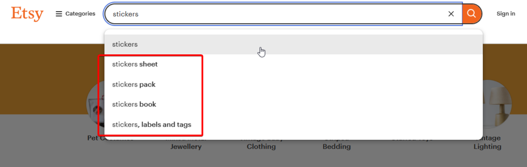Use Etsy’s search tool for keyword suggestions